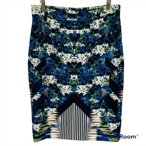 Antonio Melani Blue Floral Watercolor Straight Skirt Below Knee Stretch Size 12